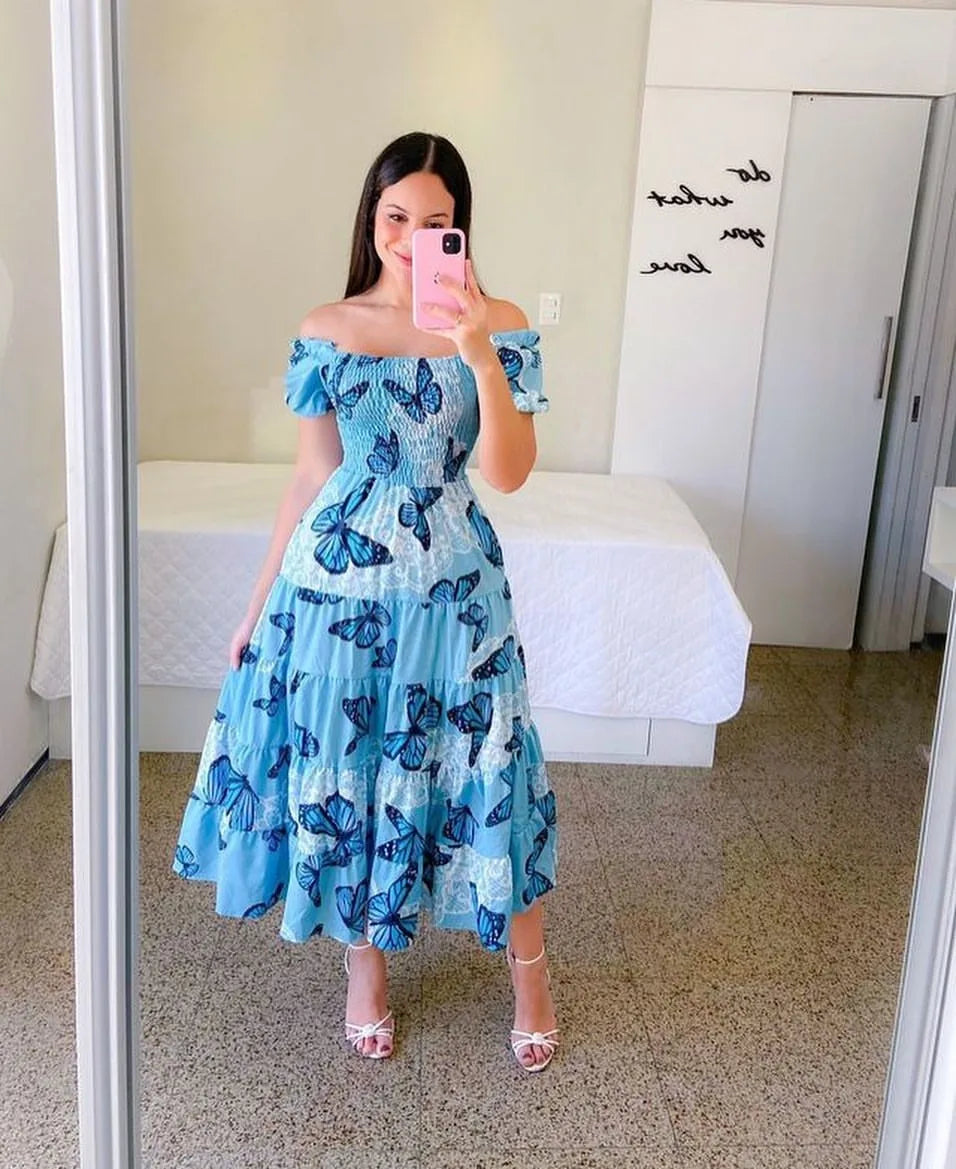 Elegant Women's Off Shoulder Midi Dress 2025 Summer Fashion dresses High Waist Flower Print Short  Sleeve Dress Robe Clothing