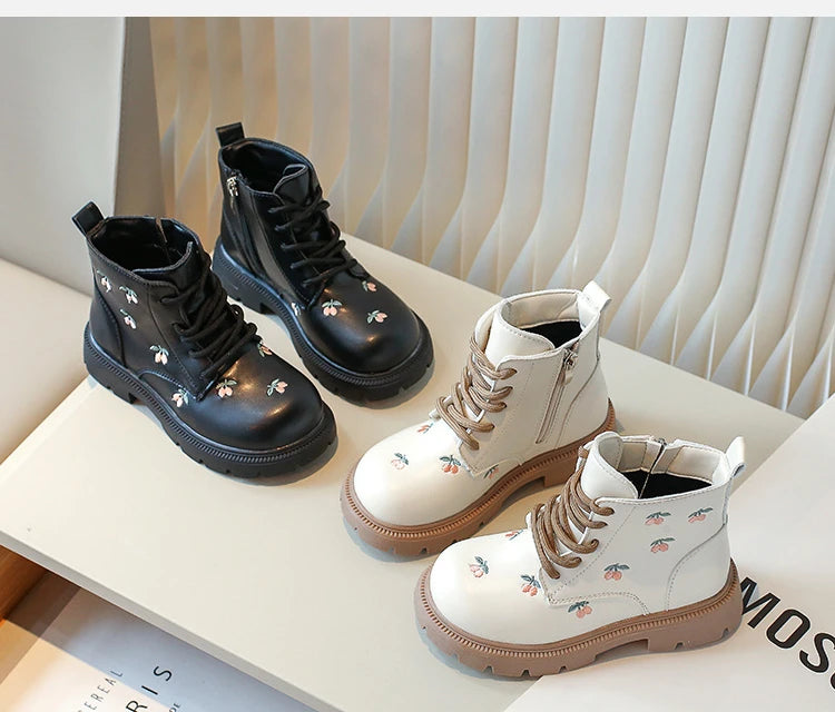 Girl's Ankle Boot Sweet Fashion Embroider Children Spring Autumn Leather Boots Causal Versatile Kid Princess Shorts Single Boots
