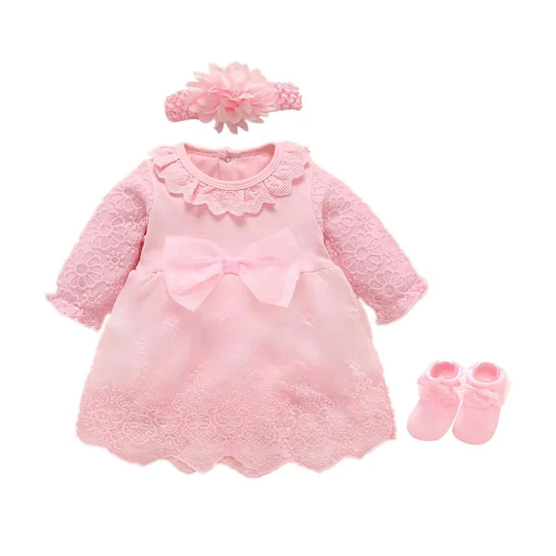 Newborn Baby Girl Dress Clothes 0 3 6 Months Princess Pink Dress White Baptism Outfit Party Dress Headband Socks Set Clothing