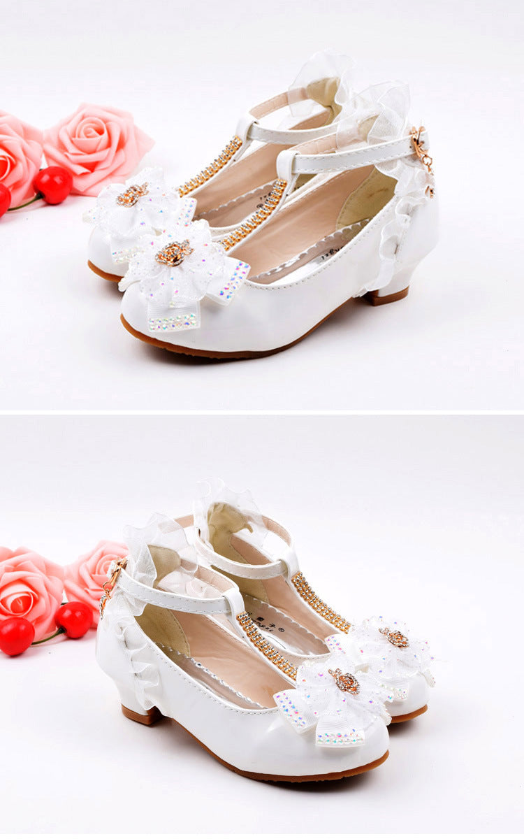 Children's Leather Shoes Girls High Heels White Princess Shoes Spring Autumn Kids Crystal Bow Party Student Performance Shoes