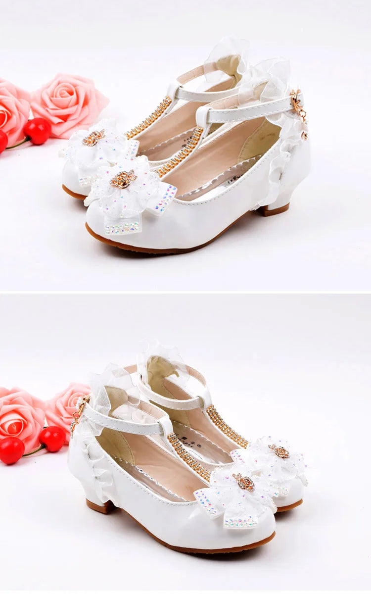 Children's Leather Shoes Girls High Heels White Princess Shoes Spring Autumn Kids Crystal Bow Party Student Performance Shoes