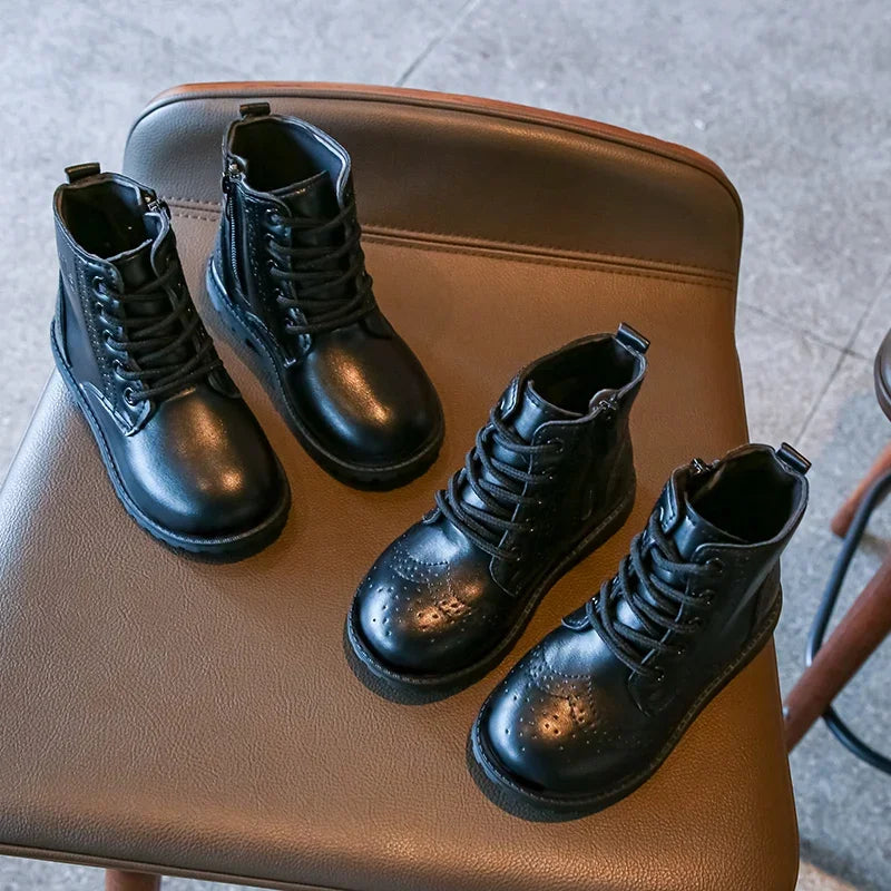 Kids Casual Boots PU Leather Black Zipper for Boys Girls Cross-tied Children Ankle High Boots Anti-skid Round Toes Soft Quality