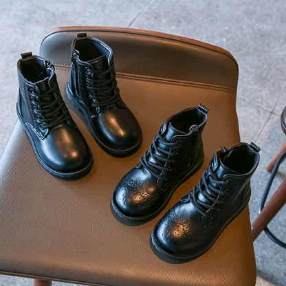Kids Casual Boots PU Leather Black Zipper for Boys Girls Cross-tied Children Ankle High Boots Anti-skid Round Toes Soft Quality