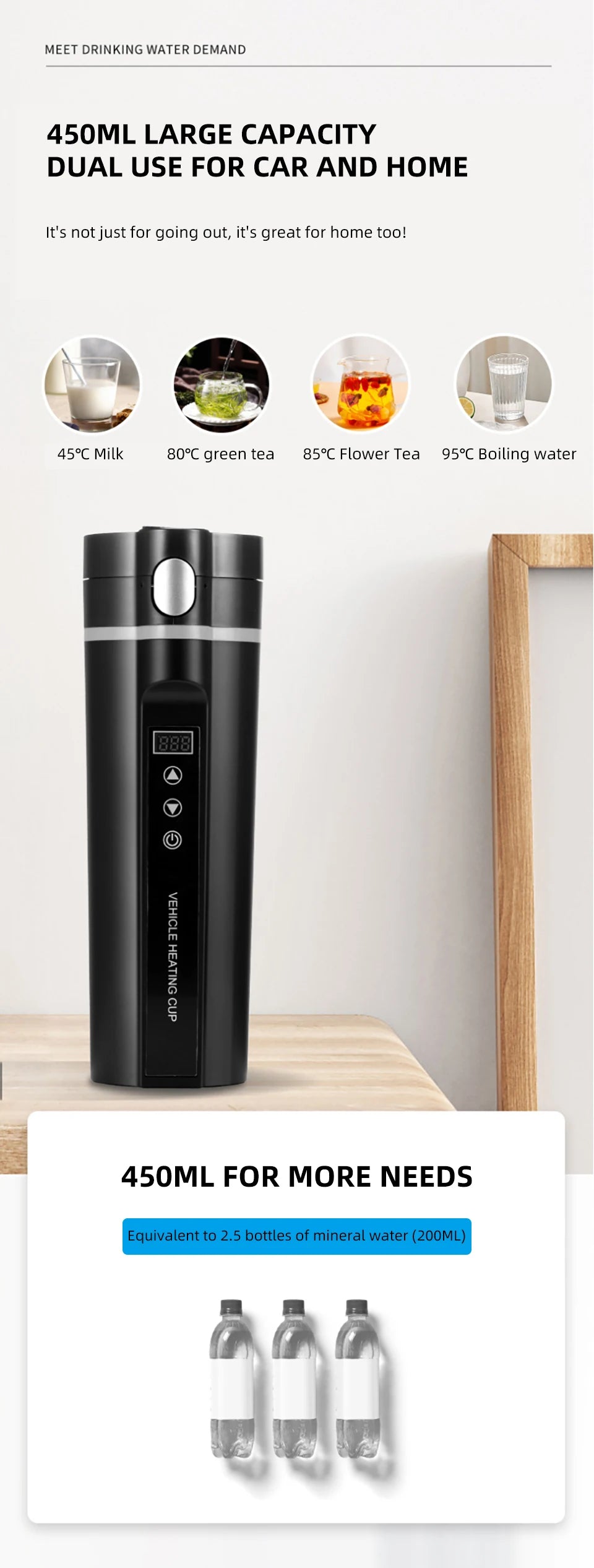 450ml Smart Car Heated Mug 12V24V Pop-up Lid Touch Screen Temperature Control Stainless Steel Portable Travel Thermal Coffee Mug