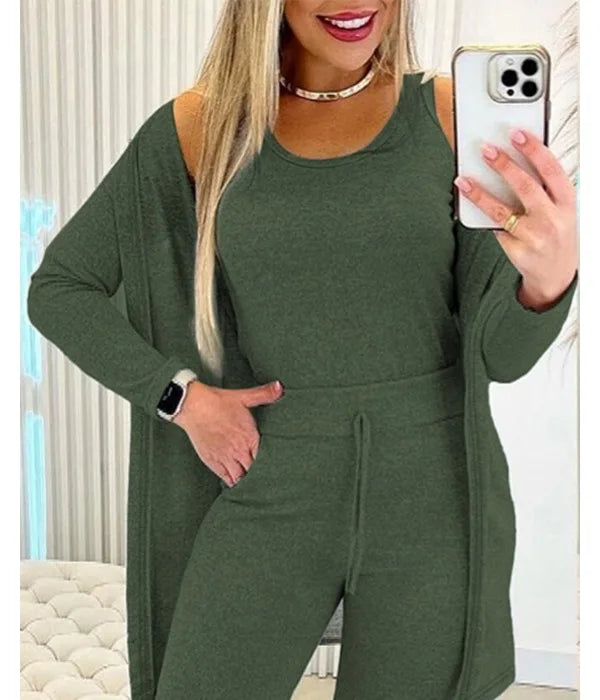 Elegant Fall Outfits Women 2025 Suit Fashion Versatile Casual Round Neck Tank Top & Drawstring Pants Set with Coat Three-piece