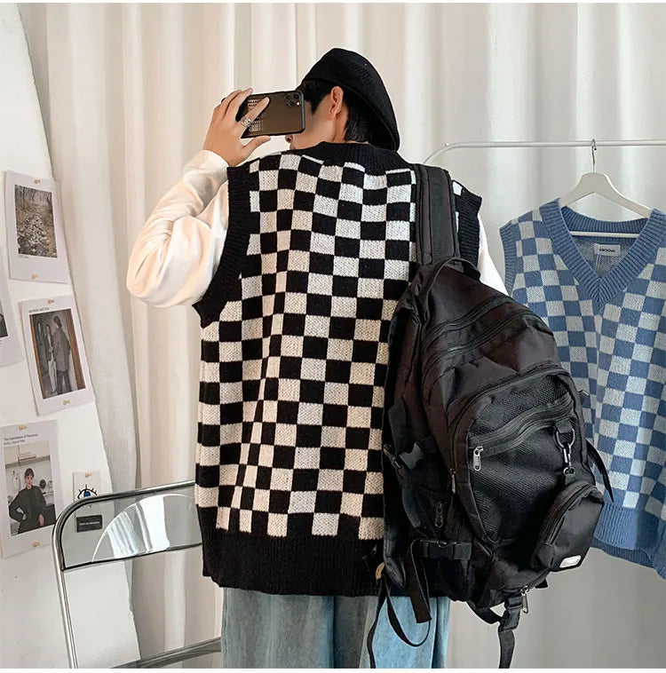 Men Knitted V Neck Japanese Vintage Loose Sleeveless Plaid Vests Chic Pullovers Chaleco Hombre Blue Checkerboard Sweater Vest