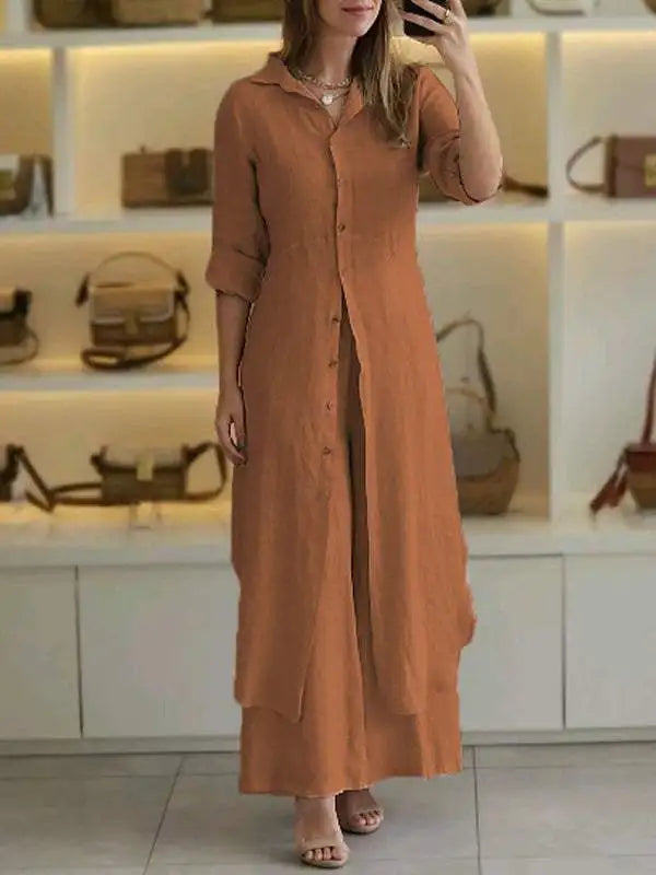 2025 New Product Women's Summer And Autumn Urban Elegant Cotton Hemp Slimming Waist Long Shirt Wide Leg Pants Two Piece Set