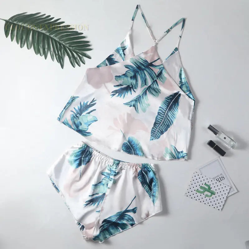 Summer Cool Ladies Faux Silk Polyester PJ Sexy Sling Pajama Sets Home wear Women's Pajamas Female Sleepwear Home wear Gift for GF