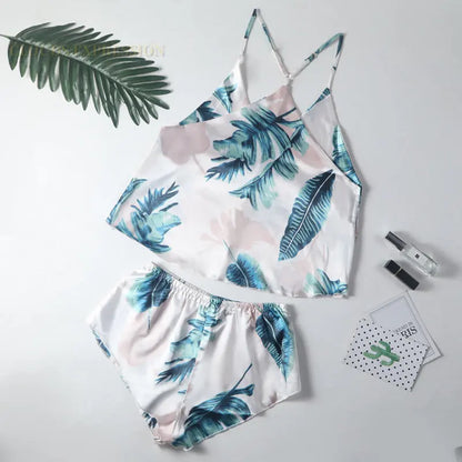 Summer Cool Ladies Faux Silk Polyester PJ Sexy Sling Pajama Sets Home wear Women's Pajamas Female Sleepwear Home wear Gift for GF