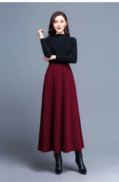 Spring Autumn Large Size A-Line Skirts Women Elastic High Waist Wine Red Black Long Skirt Female Casual Solid Color Maxi Skirts