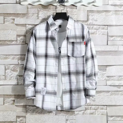 Spring New Korean Style Plaid Shirts Men's Handsome Long-sleeved Loose Casual All-matching Shirt Coats 2025 Trend Men's Clothing