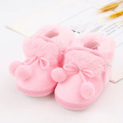 Winter Snow Baby Boots Faux Fur Warm Fluff Balls Indoor Cotton Soft Sole Infant Newborn Toddler Baby Shoes 0-18M