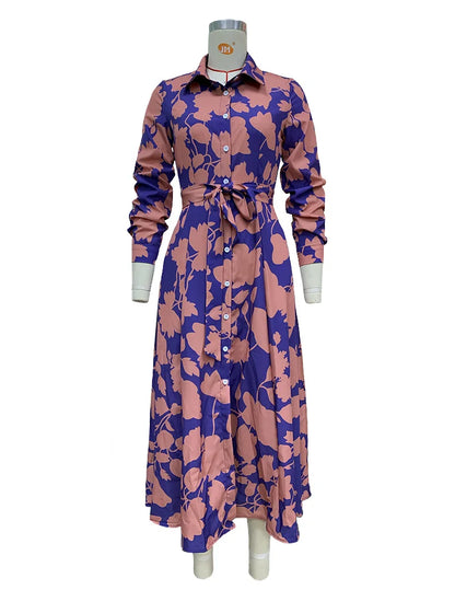 2025 Spring New Women's Fashion Style Printed Sexy Waist Strap Mid Length Single Breasted Long Sleeve Collar Dress