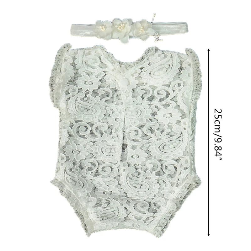 2 Pcs 0-1 Month Newborn Photography Props Baby Headband Lace Romper Bodysuits Outfit Girl Costume Photo Clothing