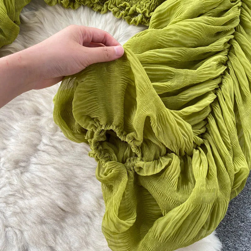 Women Sexy Chiffon Short Blouse Female See Through Super Long Sleeve Purple/Green/Black/White Folds Party Tops 2025 New