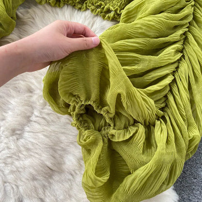 Women Sexy Chiffon Short Blouse Female See Through Super Long Sleeve Purple/Green/Black/White Folds Party Tops 2025 New