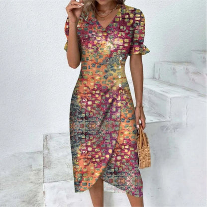 Elegant Ladies Midi Dress Geometric Button Split Dress Платья Vestidos Medievales Para Mujer De Verano Elbiseler Jurken Dames