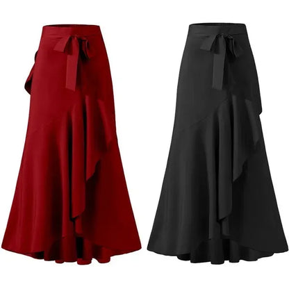 Spring Autumn Women Long Skirt High Waist Lace-up Ruffle Trim Plaid Print Bow Tie Irregular Hem Maxi Skirt Female 2025 New