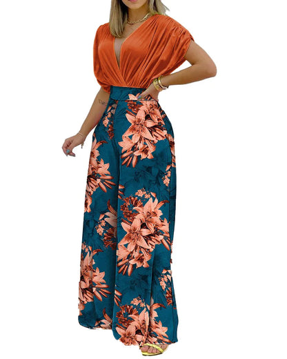 Women Print Suit Pullover Batwing Sleeve V-Neck Top Wide Leg Pants Set Two Piece Set New Loose Casual Women's Clothing Summer