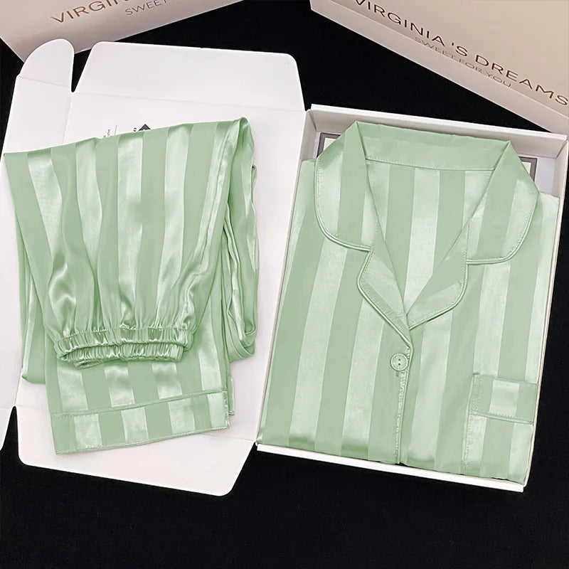 Women's Pajamas Sets Spring Autumn 2 Piece Striped Pajama Faux Silk Satin Sleepwear Long Sleeve Button Pajama Mujer Pjs Home wear