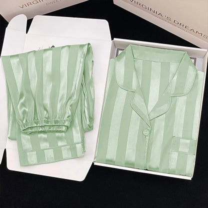 Women's Pajamas Sets Spring Autumn 2 Piece Striped Pajama Faux Silk Satin Sleepwear Long Sleeve Button Pajama Mujer Pjs Home wear