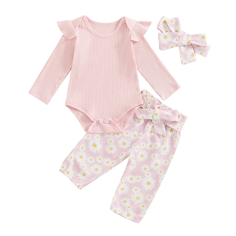 0 3 6 9 12 18 Months Baby Girl Clothes Ruffle Sleeve Romper Daisy Pant Sets Fall Winter Outfit for Infant Toddler
