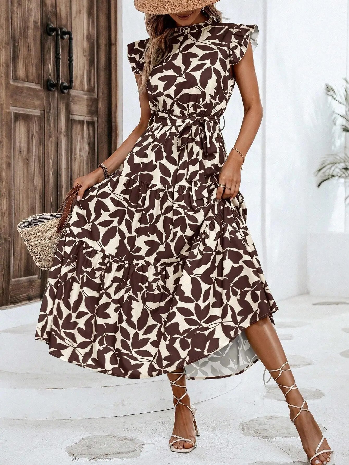 Elegant Women's Flower Midi Dress New Summer Fashion Stand Collar Flying Sleeve Lace Up Dress Casual Beach Holiday Dresses Robe