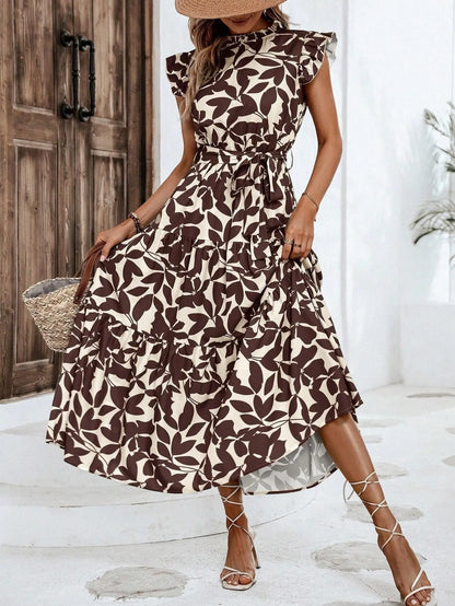 Elegant Women's Flower Midi Dress New Summer Fashion Stand Collar Flying Sleeve Lace Up Dress Casual Beach Holiday Dresses Robe