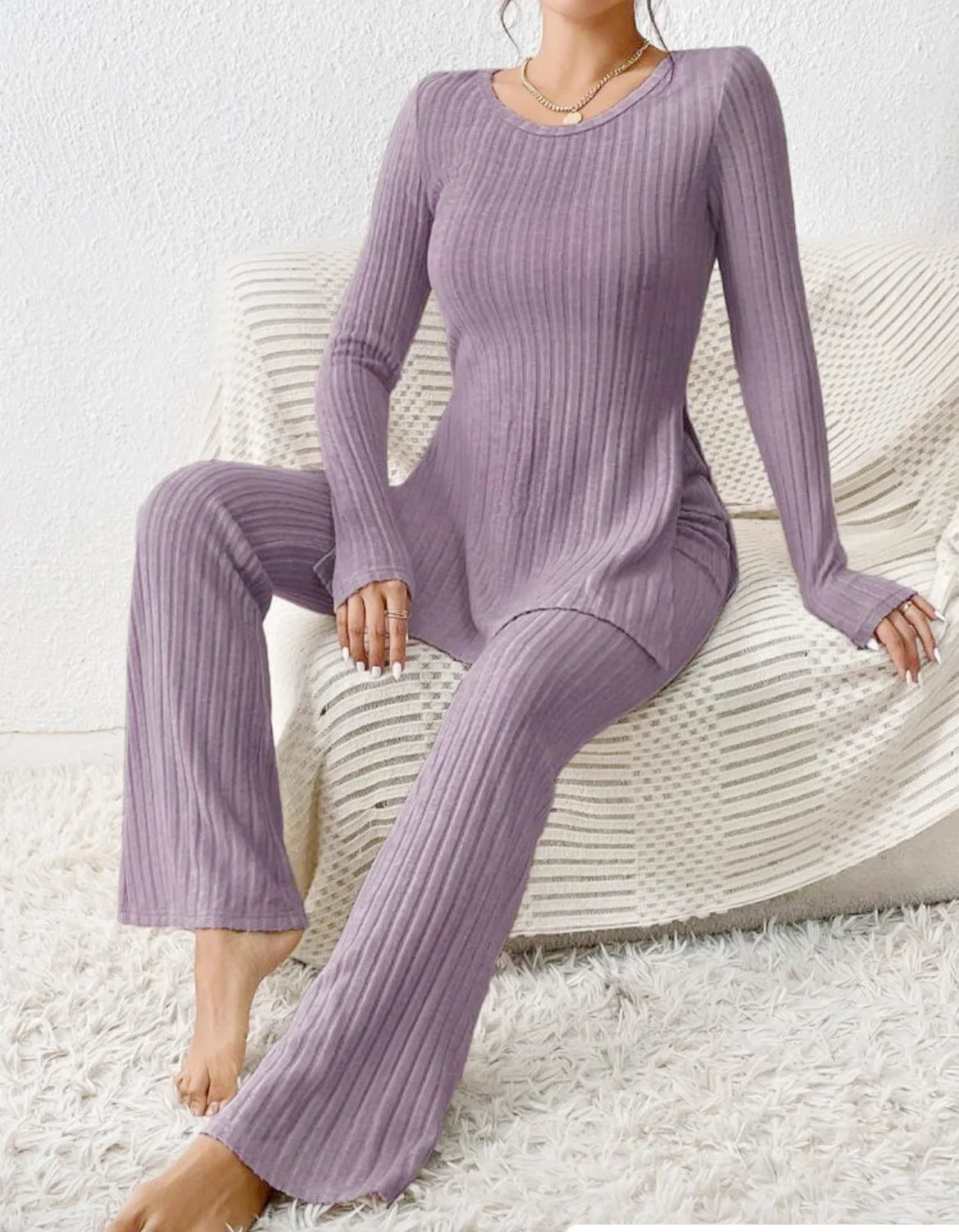 Autumn Winter Women's Clothing New Style Solid Color Sexy Casual Long Sleeved Round Neck Slit Fashion Temperament Two-piece Set