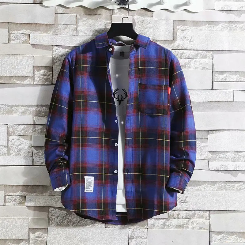 Spring New Korean Style Plaid Shirts Men's Handsome Long-sleeved Loose Casual All-matching Shirt Coats 2025 Trend Men's Clothing