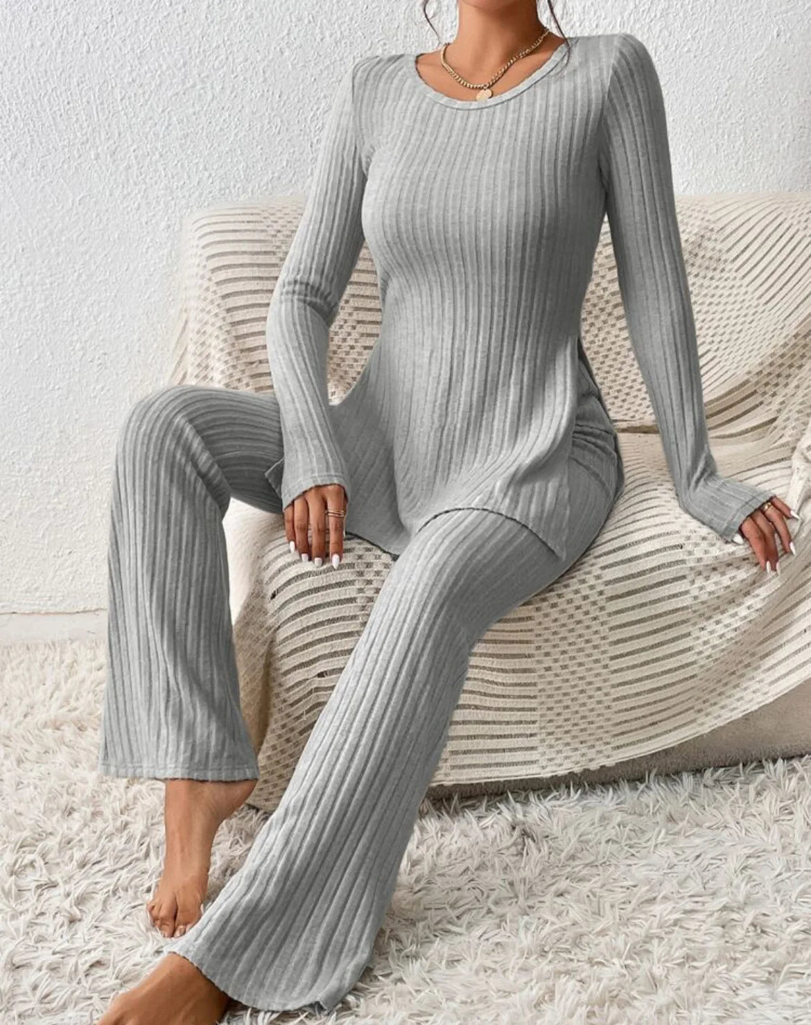 Autumn Winter Women's Clothing New Style Solid Color Sexy Casual Long Sleeved Round Neck Slit Fashion Temperament Two-piece Set