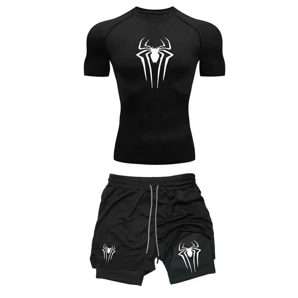 Men's Workout Compression Set Y2K Spider Printed Gym T-shirts Breathable Running Shorts Quick Dry Sports Rash Guard Sportwear Set