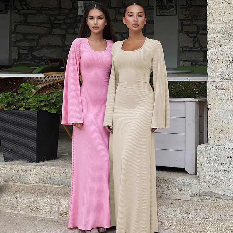 Elegant Knitted Maxi Dress For Women Fashion Solid Lace Up Long Sleeve Slim Dresses New Lady Commuting Robe Party Vestidos 2025