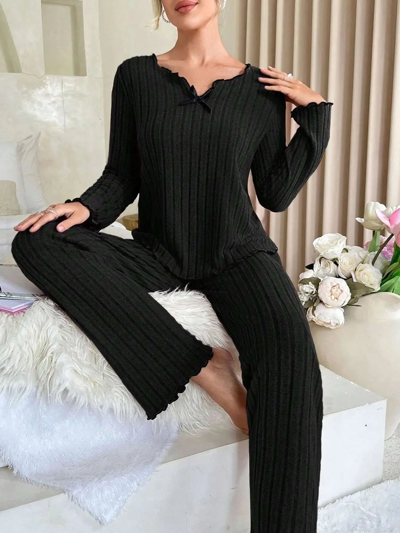 Women Autumn Winter Sleepwear Ribbed Pajamas Set Long Sleeve Top and Long Pants 2 Piece Set Casual Home wear Loungewear