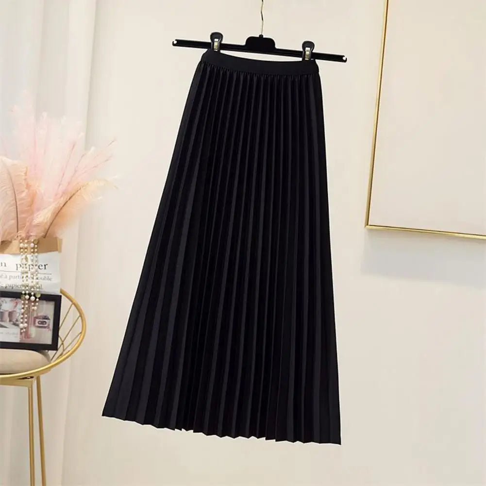 High Waist Pleated Skirt Elegant Women's Maxi Skirt with Elastic High Waist A-line Design Pleated Large Hem Solid Color for Work