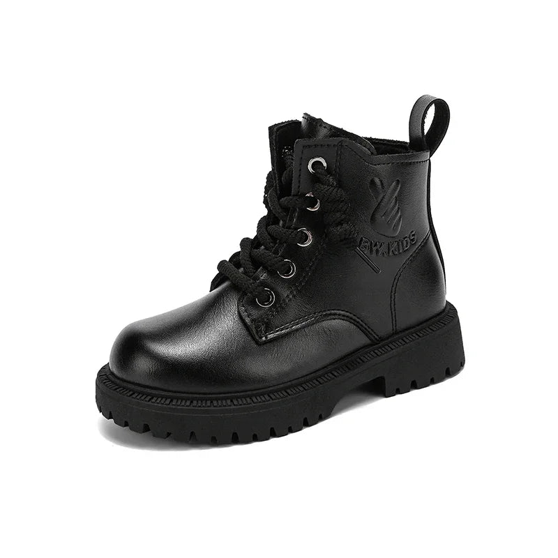 Kid's Winter Cotton Boots Plus Velvet Thickening Water Proof Retro Black Trendy All-match Leather Casual Boys Girls Ankle Boot