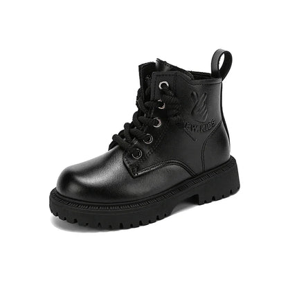 Kid's Winter Cotton Boots Plus Velvet Thickening Water Proof Retro Black Trendy All-match Leather Casual Boys Girls Ankle Boot
