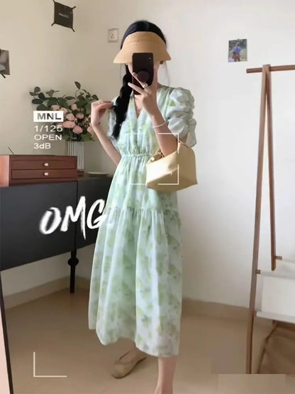 Cheap French Sweet Floral Dress Women V Neck Puff Sleeve Summer Chiffon Dress Summer Bohemian Print A-line Midi Dress In stock