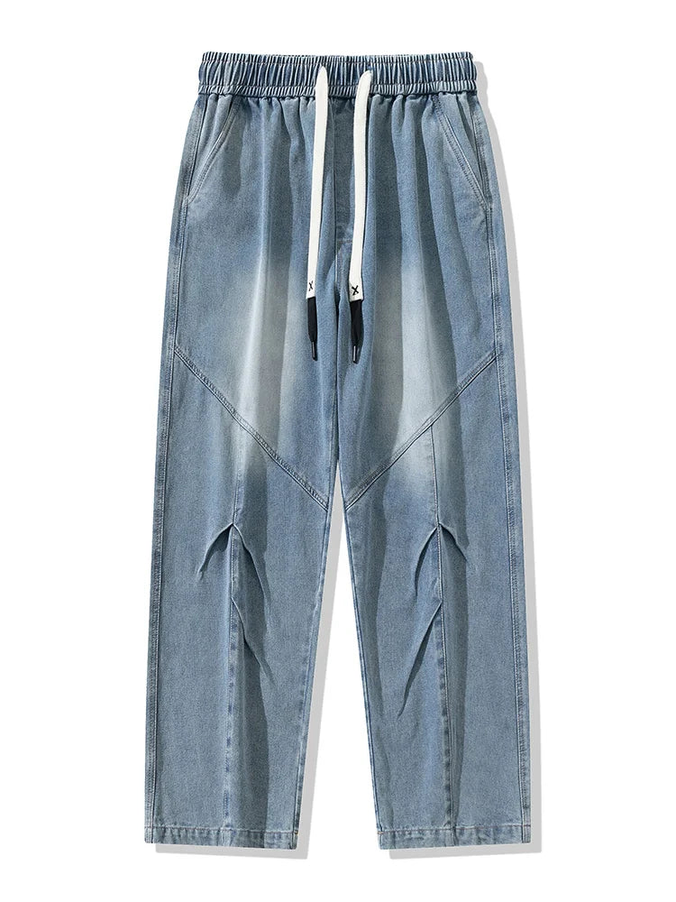 Big Size Men's Jeans 8XL 7XL 6XL String Banding Wide Leg Straight Denim Pants Washed Cotton Casual Baggy Jean Trousers Male