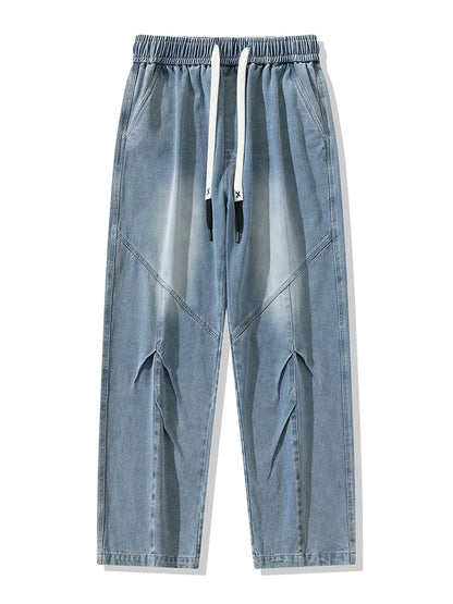 Big Size Men's Jeans 8XL 7XL 6XL String Banding Wide Leg Straight Denim Pants Washed Cotton Casual Baggy Jean Trousers Male