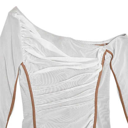 Diagonal Collar Long Sleeve Midi Dress For Women Two Layer Mesh Backless Ruched Bodycon Club Party Sexy Long Dress