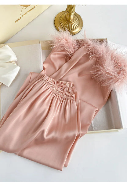 Spring Autumn Female Pajamas Trouser Set Luxury Feather Pink Bride Wedding Sleep wear Gift Sexy Loose Satin Home Wear Lounge wear