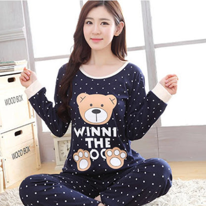 Spring Thin 2pieces Pajamas Set Women Tops 2025 Cotton Round Neck Girls Pajamas Sets Teacup Cat Sleepwear Clothes Pajamas