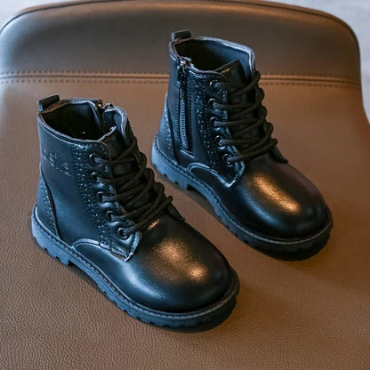 Kids Casual Boots PU Leather Black Zipper for Boys Girls Cross-tied Children Ankle High Boots Anti-skid Round Toes Soft Quality
