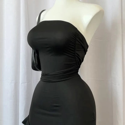 Women Strapless Sexy Floral Fold Hemline High Slit Mini Dress 2025 Solid Backless Sleeveless Black And Pink Party Dress Vestidos