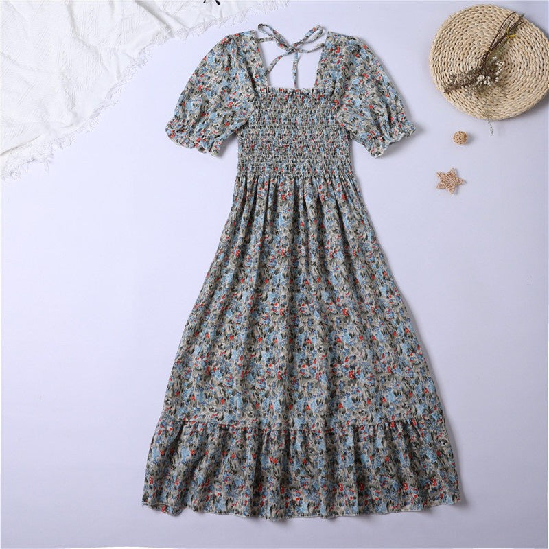 Summer Pleated Women Chiffon Dresses Casual Beach Holiday Short Sleeve Square Collar Woman Midi Dress Bohemian