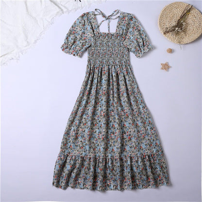 Summer Pleated Women Chiffon Dresses Casual Beach Holiday Short Sleeve Square Collar Woman Midi Dress Bohemian