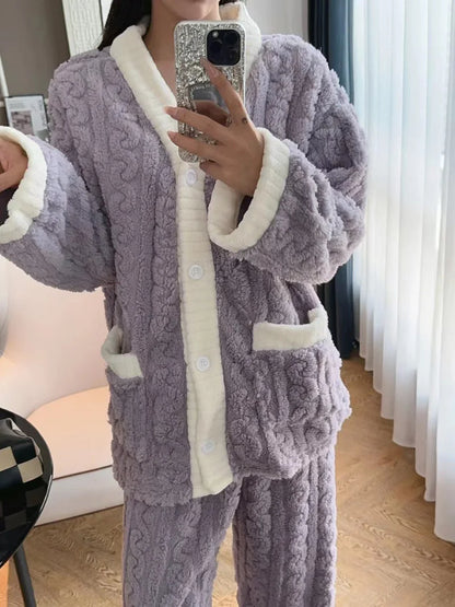 2pcs/Set Autumn And Winter Pajamas Women Thickened Padded Warm Students Coral Girls Clot Velvet Suit Home wear Cardigan Trousers