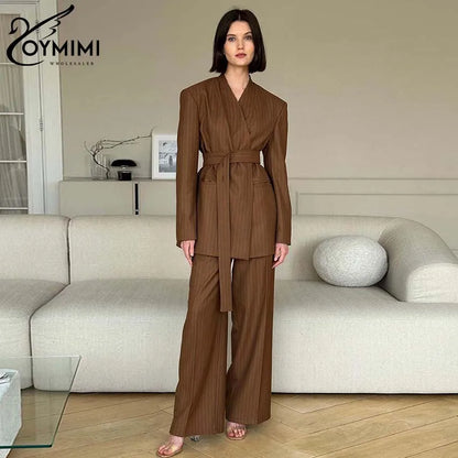 Oymimi Fashion Brown Print Two Piece Set For Women Elegant V-Neck Long Sleeve Lace-Up Shirts And Straight Full Length Pants Sets