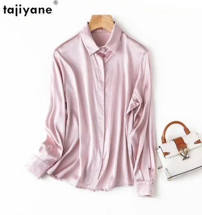 Tajiyane Women's 93% Mulberry Silk 7% Spandex 19 momme satin Silk Buttons long sleeve shirt Top Blouse office work chemise femme